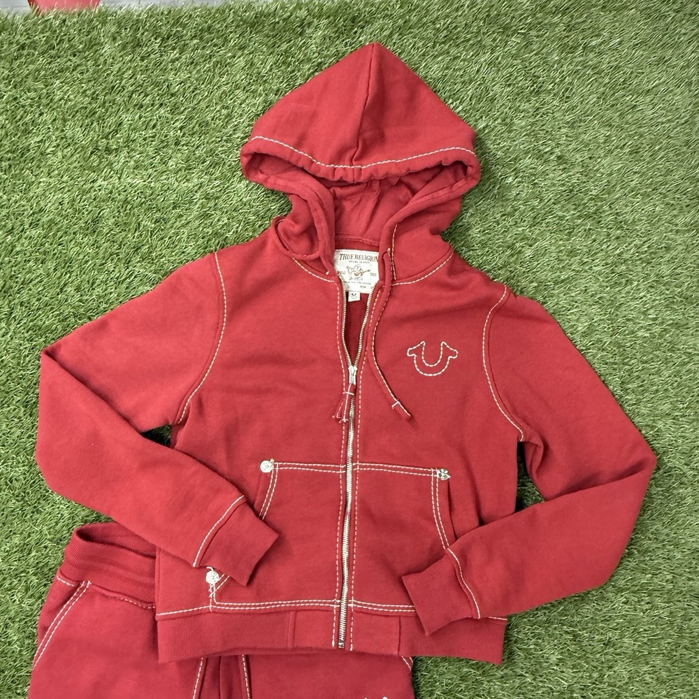 True Religion Womens Red Tracksuit Set Big T Stitch Zip Hoodie Joggers Medium M - Picture 2 of 7
